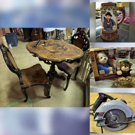 MaxSold Auction: This online auction features  animal cage, display cabinet, mid-century European tea table and chairs, heavy-duty chairs, beer stein, clock, Bulova gold sunglasses, ceramic doll, BBQ grill, Vintage teddy bears, coins, vintage Beanie babies Power skill saw, CDs, VHS, LPs, DVD, retro CD player, blue mountain pottery, glassware, frame art prints, trading cards, telescope, super hero\'s prints, comics and much more.